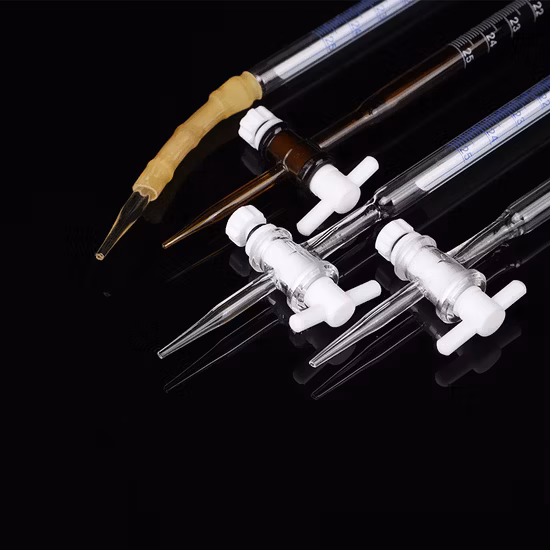염기성 적정용 PTFE 마개가 있는 투명 유리 부피 뷰렛
